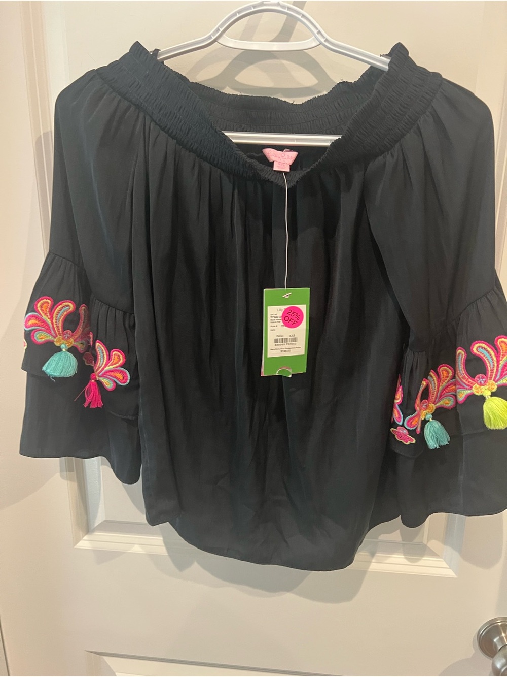 NWT Lilly Pulitzer Black Off-Shoulder Embroidered Tassel Blouse Size XXS
